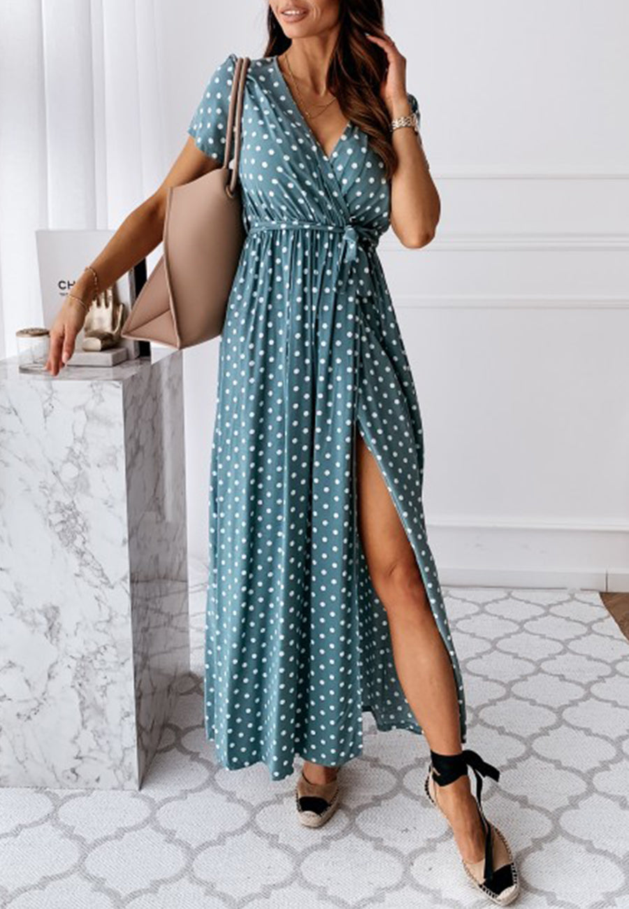 Wrap-Style Printed Maxi Dress with Waist Tie