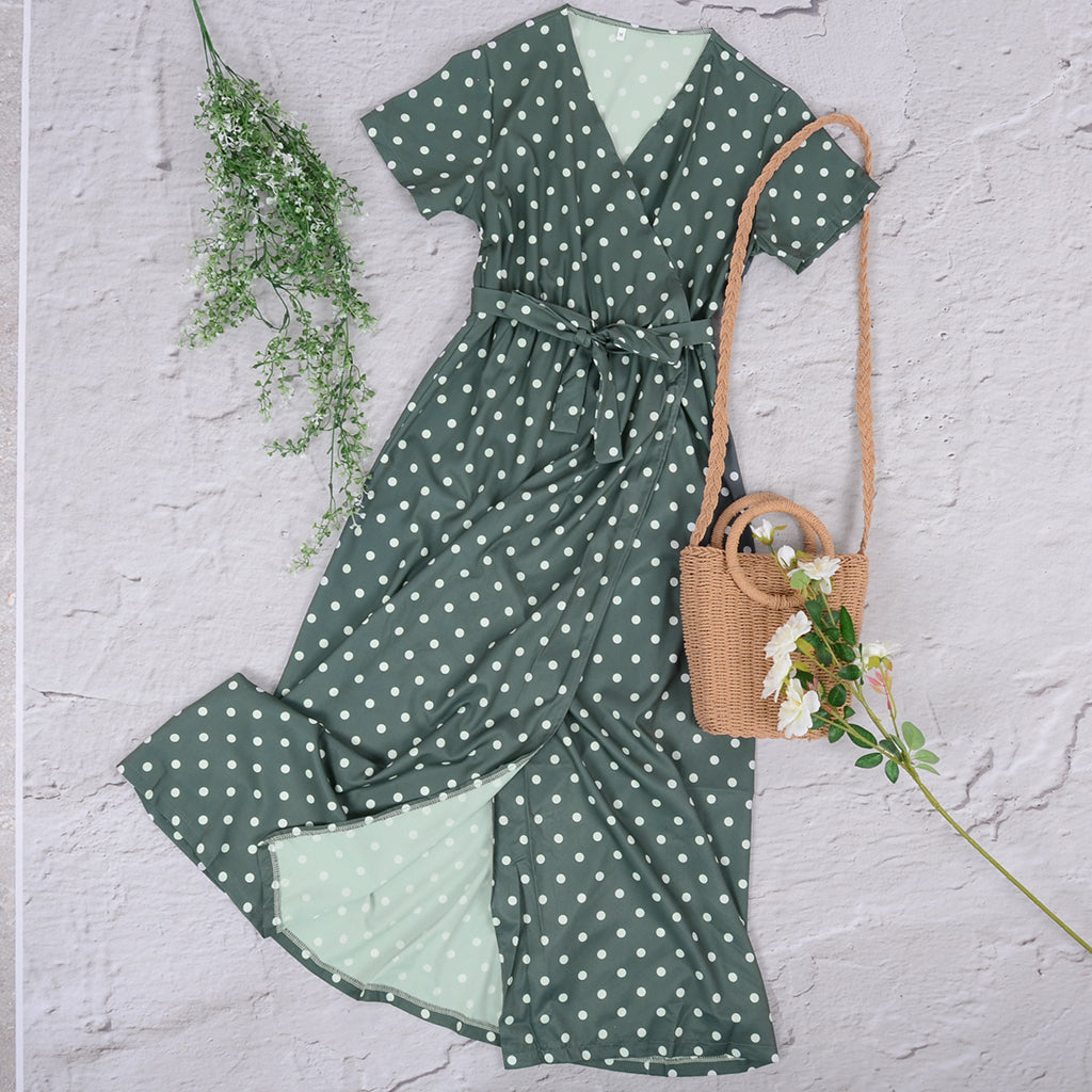 Wrap-Style Printed Maxi Dress with Waist Tie