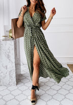 Wrap-Style Printed Maxi Dress with Waist Tie