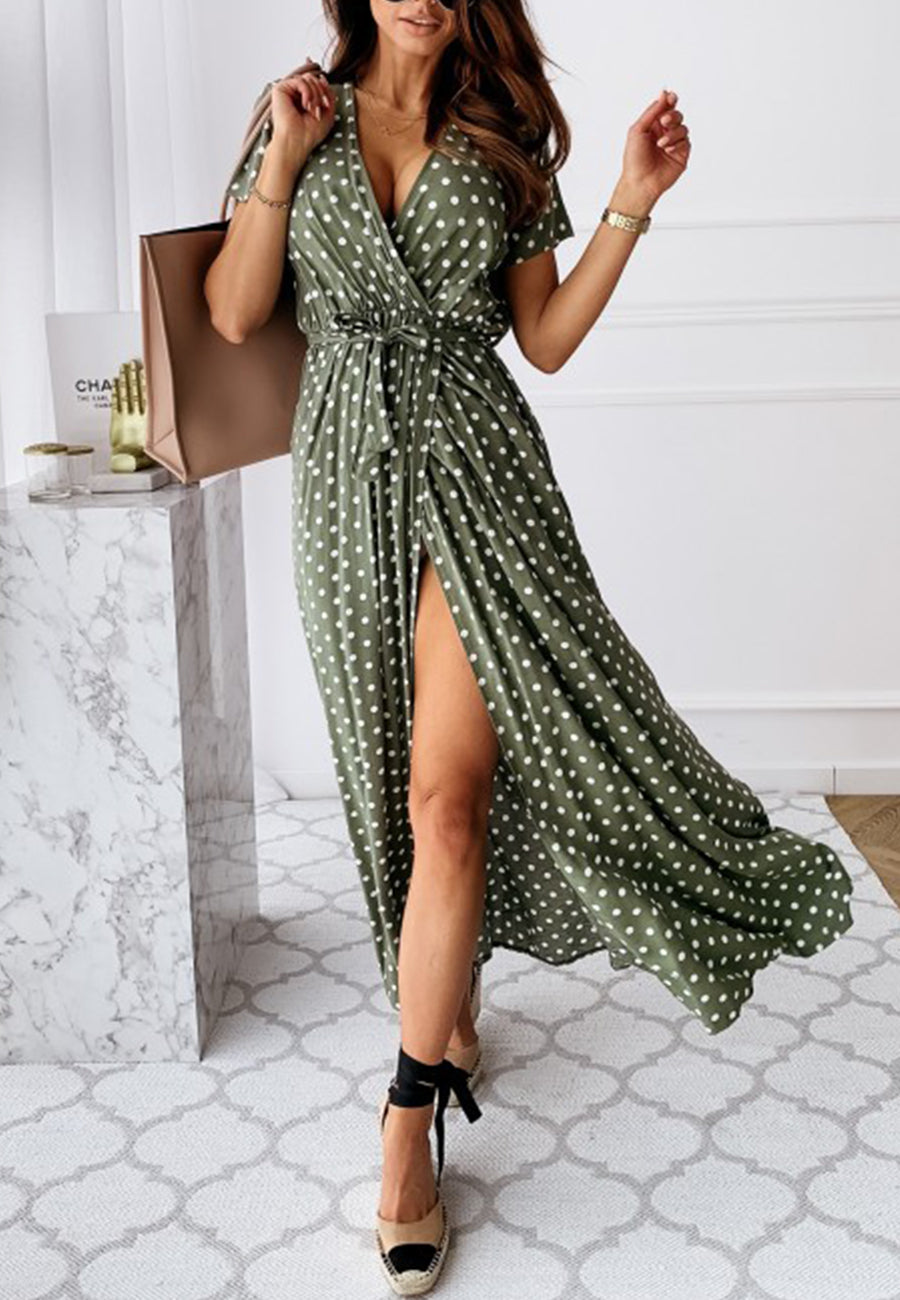 Wrap-Style Printed Maxi Dress with Waist Tie