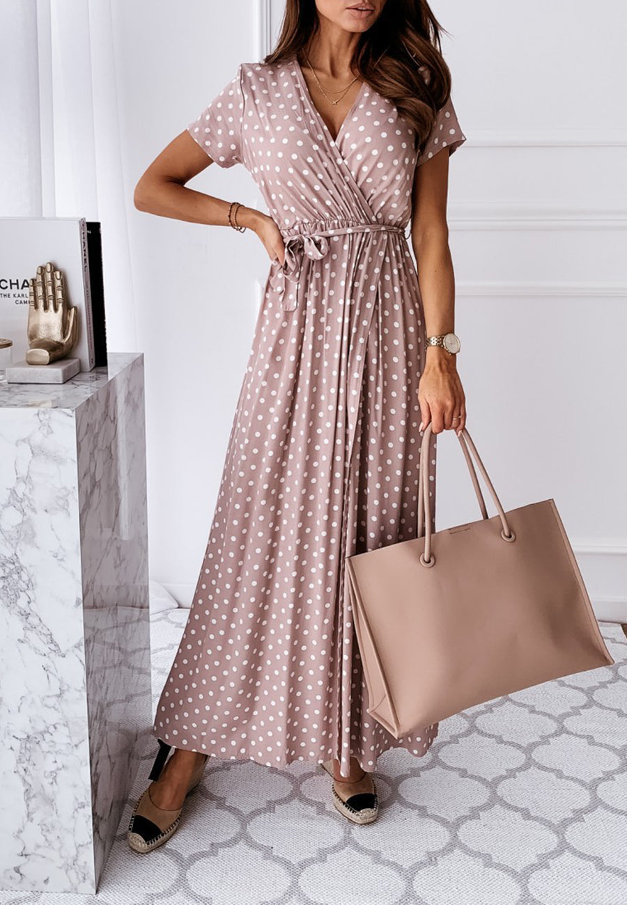 Wrap-Style Printed Maxi Dress with Waist Tie