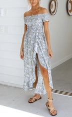 Smocked Daisy-Detail Dress with Off-Shoulder Neckline