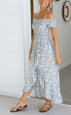 Smocked Daisy-Detail Dress with Off-Shoulder Neckline
