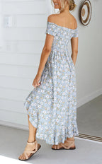 Smocked Daisy-Detail Dress with Off-Shoulder Neckline