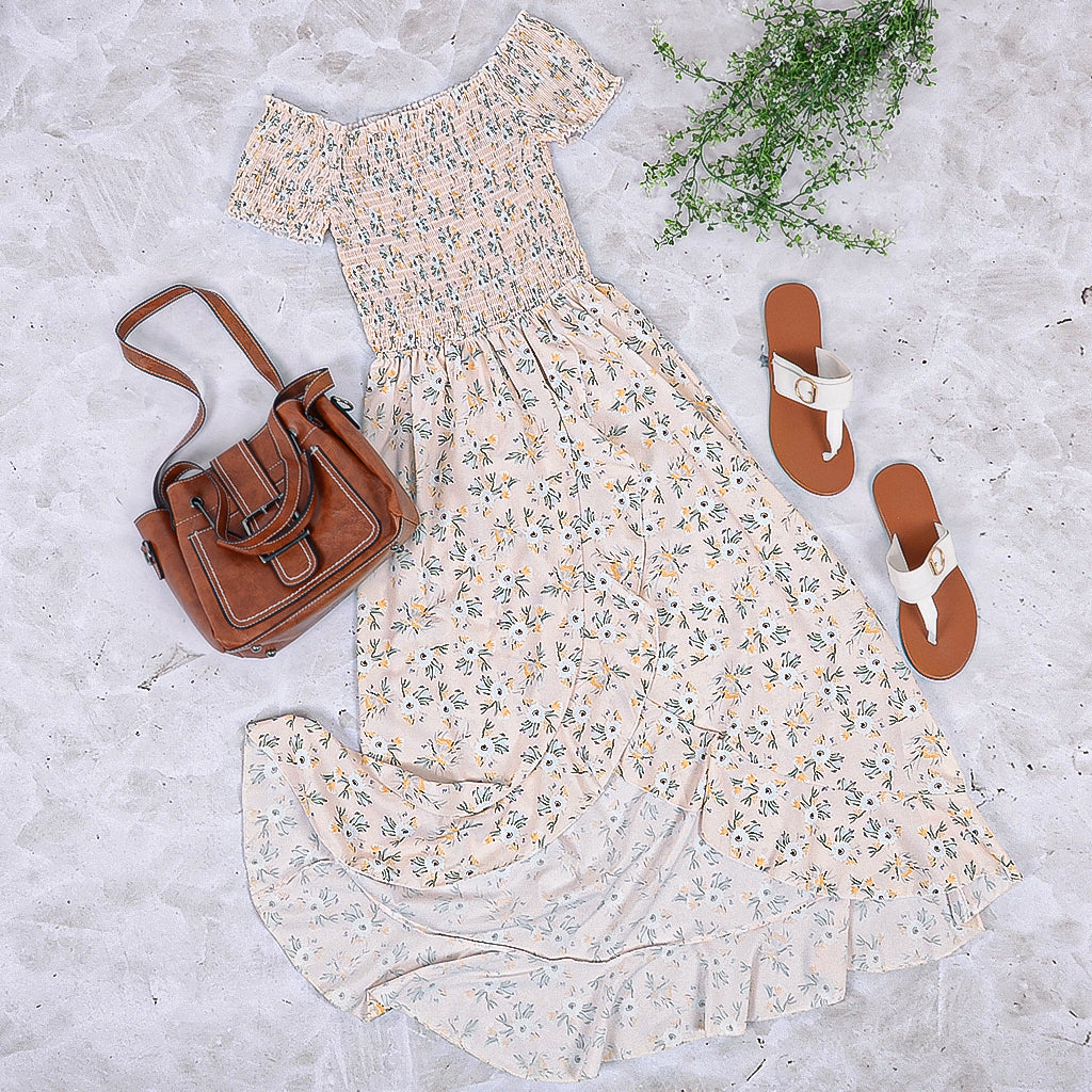 Smocked Daisy-Detail Dress with Off-Shoulder Neckline