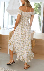 Smocked Daisy-Detail Dress with Off-Shoulder Neckline