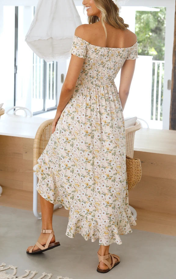 Smocked Daisy-Detail Dress with Off-Shoulder Neckline