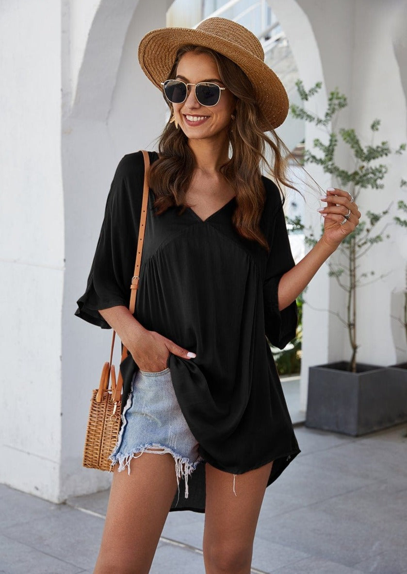 Short Solid-Color Dress with V-Neckline