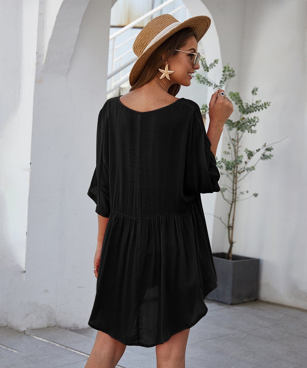 Short Solid-Color Dress with V-Neckline