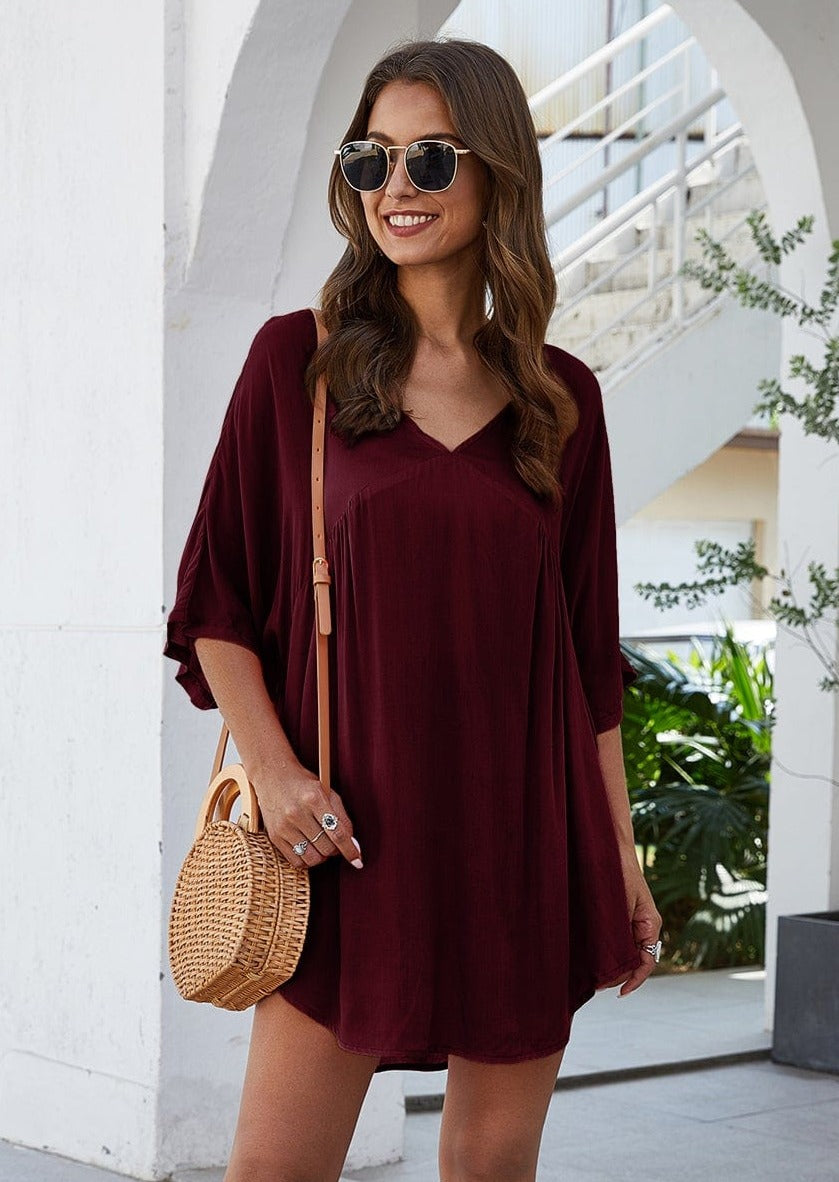 Short Solid-Color Dress with V-Neckline