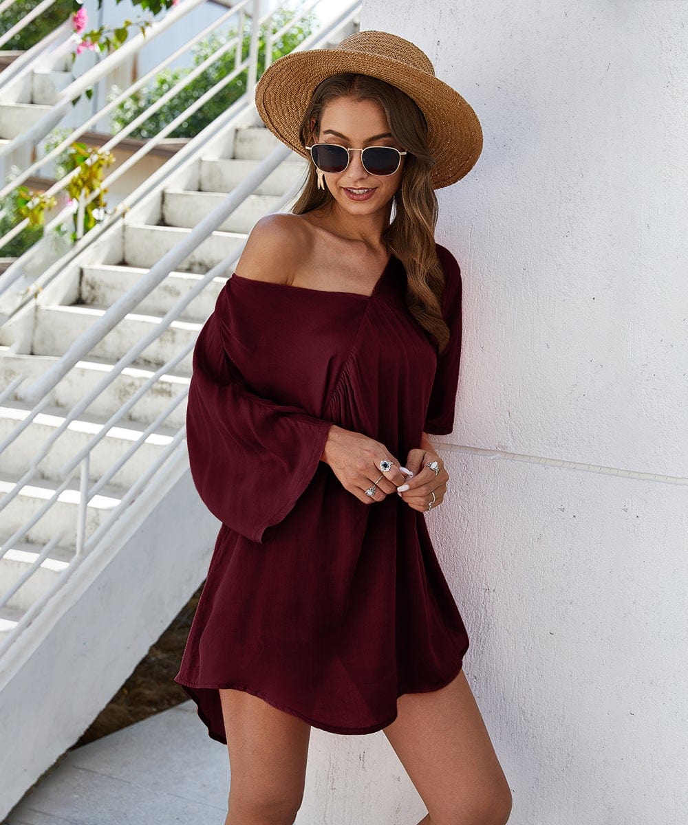 Short Solid-Color Dress with V-Neckline