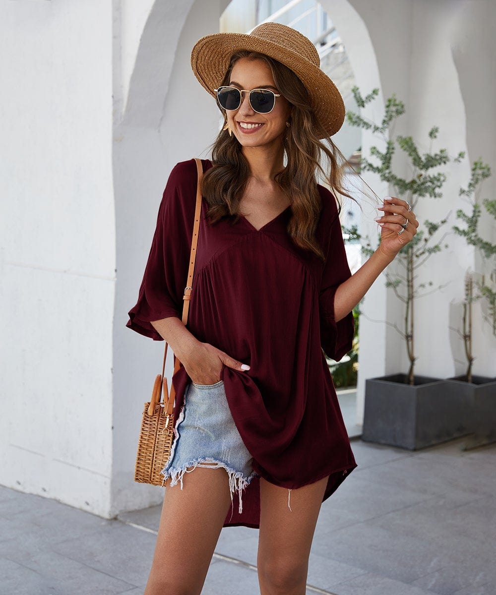 Short Solid-Color Dress with V-Neckline