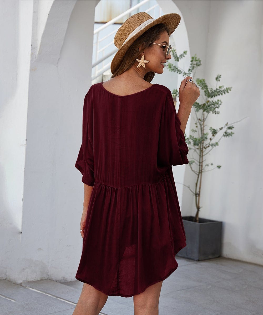 Short Solid-Color Dress with V-Neckline