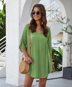 Short Solid-Color Dress with V-Neckline