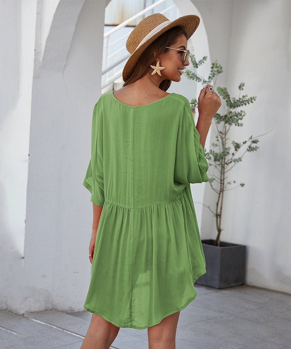 Short Solid-Color Dress with V-Neckline