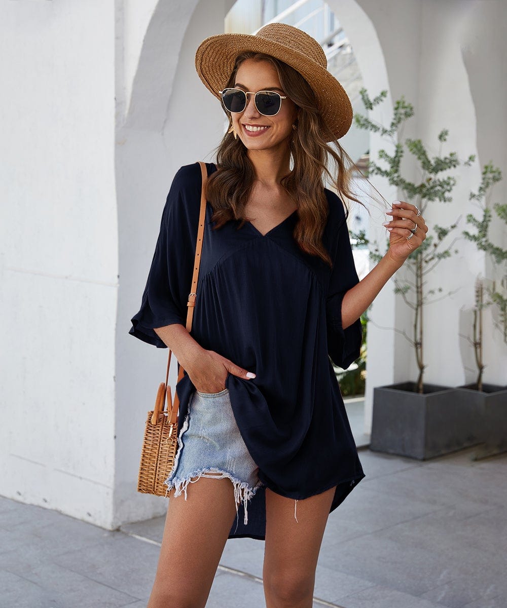 Short Solid-Color Dress with V-Neckline