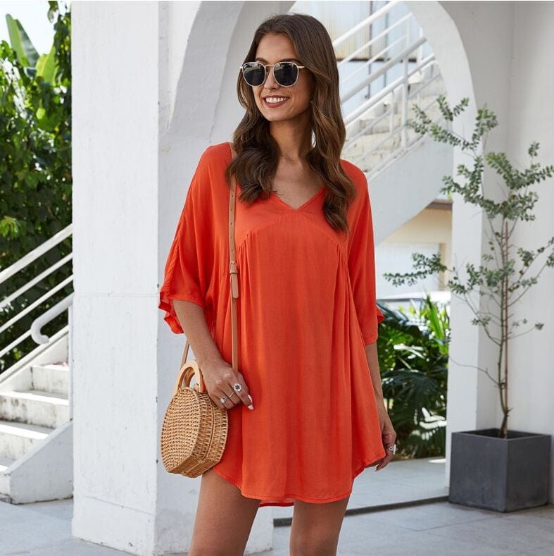 Short Solid-Color Dress with V-Neckline