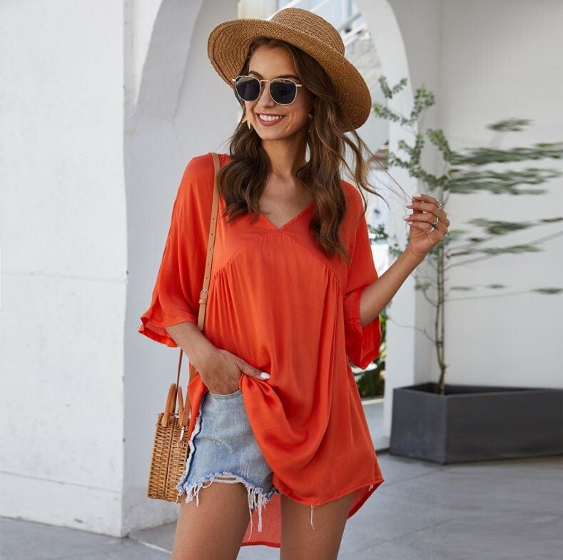 Short Solid-Color Dress with V-Neckline