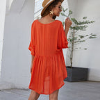 Short Solid-Color Dress with V-Neckline