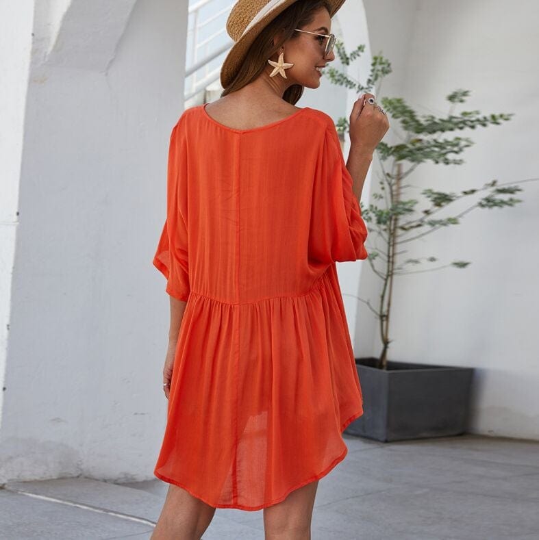 Short Solid-Color Dress with V-Neckline