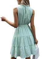 High-Neck Belted Ruffled Dress