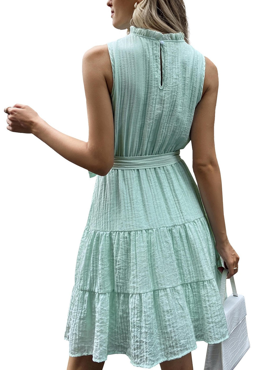 High-Neck Belted Ruffled Dress