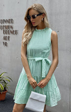 High-Neck Belted Ruffled Dress