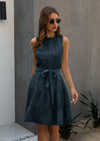 High-Neck Belted Ruffled Dress