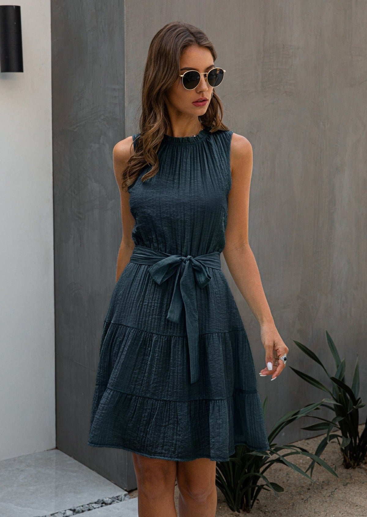 High-Neck Belted Ruffled Dress