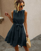 High-Neck Belted Ruffled Dress