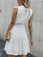 High-Neck Belted Ruffled Dress