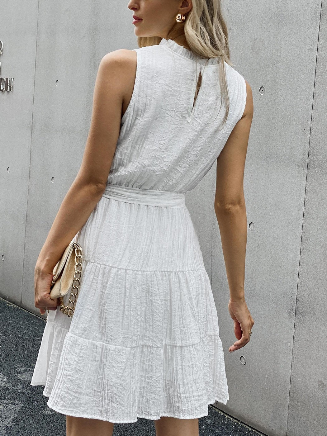 High-Neck Belted Ruffled Dress