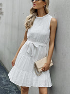 High-Neck Belted Ruffled Dress