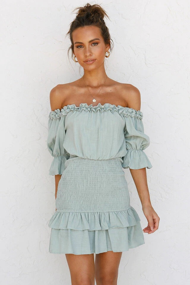 Smocked Daisy-Detail Dress with Off-Shoulder Neckline
