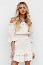 Smocked Daisy-Detail Dress with Off-Shoulder Neckline