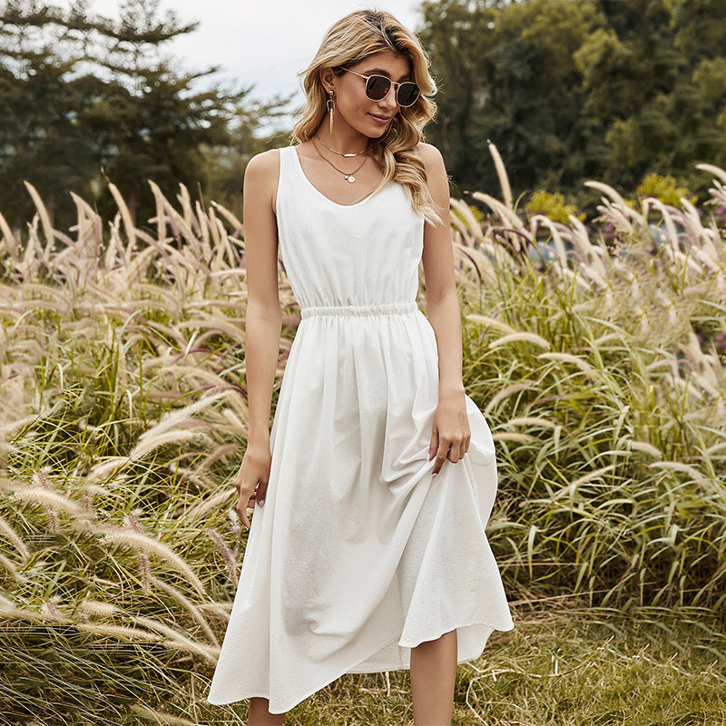 Solid-Color Cotton Dress with Scoop Neckline