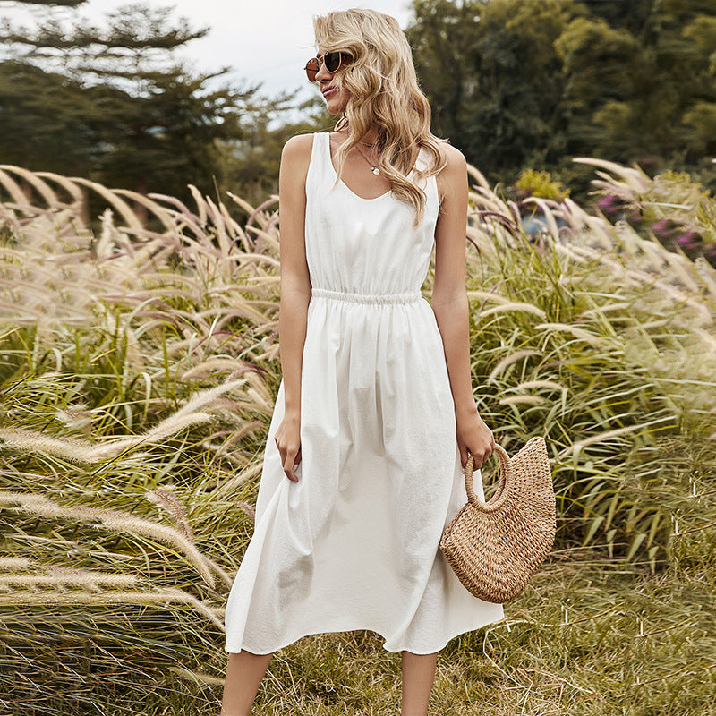 Solid-Color Cotton Dress with Scoop Neckline