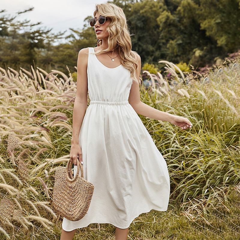 Solid-Color Cotton Dress with Scoop Neckline