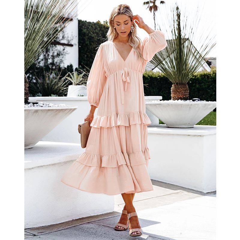 Ruffled Viscose Midi Dress with Layered Details