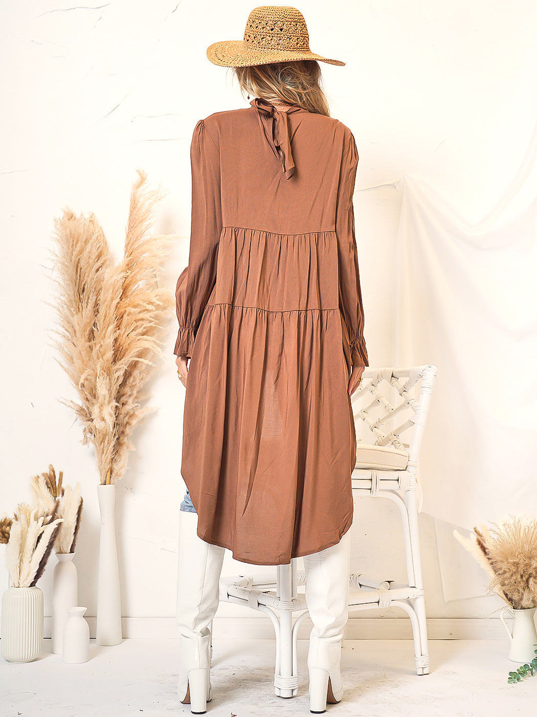Ruffled High-Neck Jeans with Long Sleeves