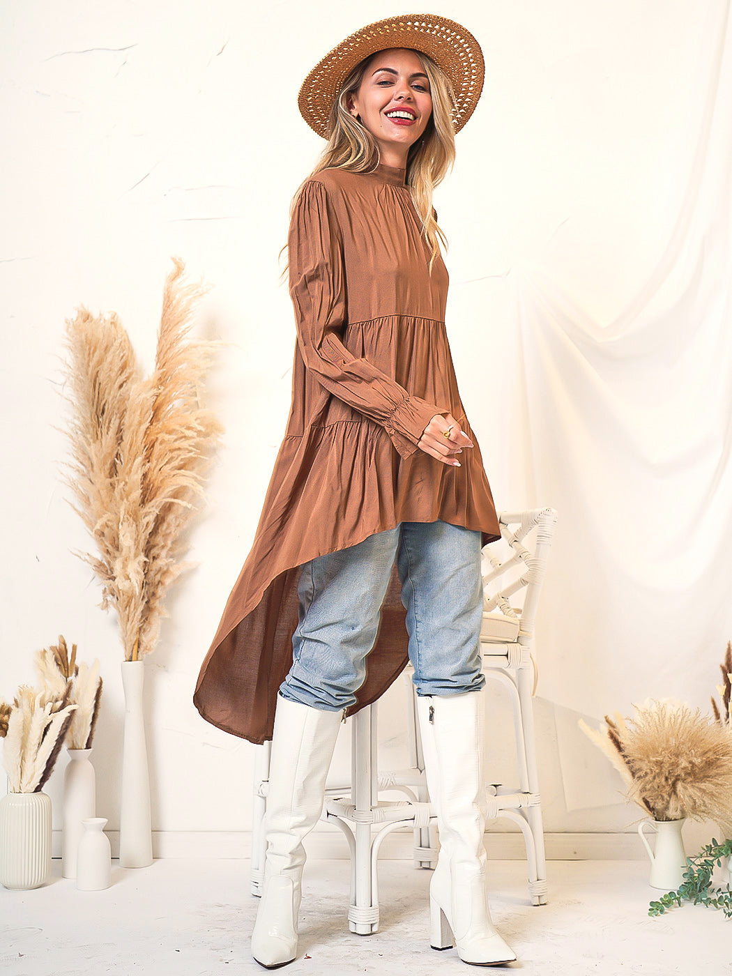 Ruffled High-Neck Jeans with Long Sleeves