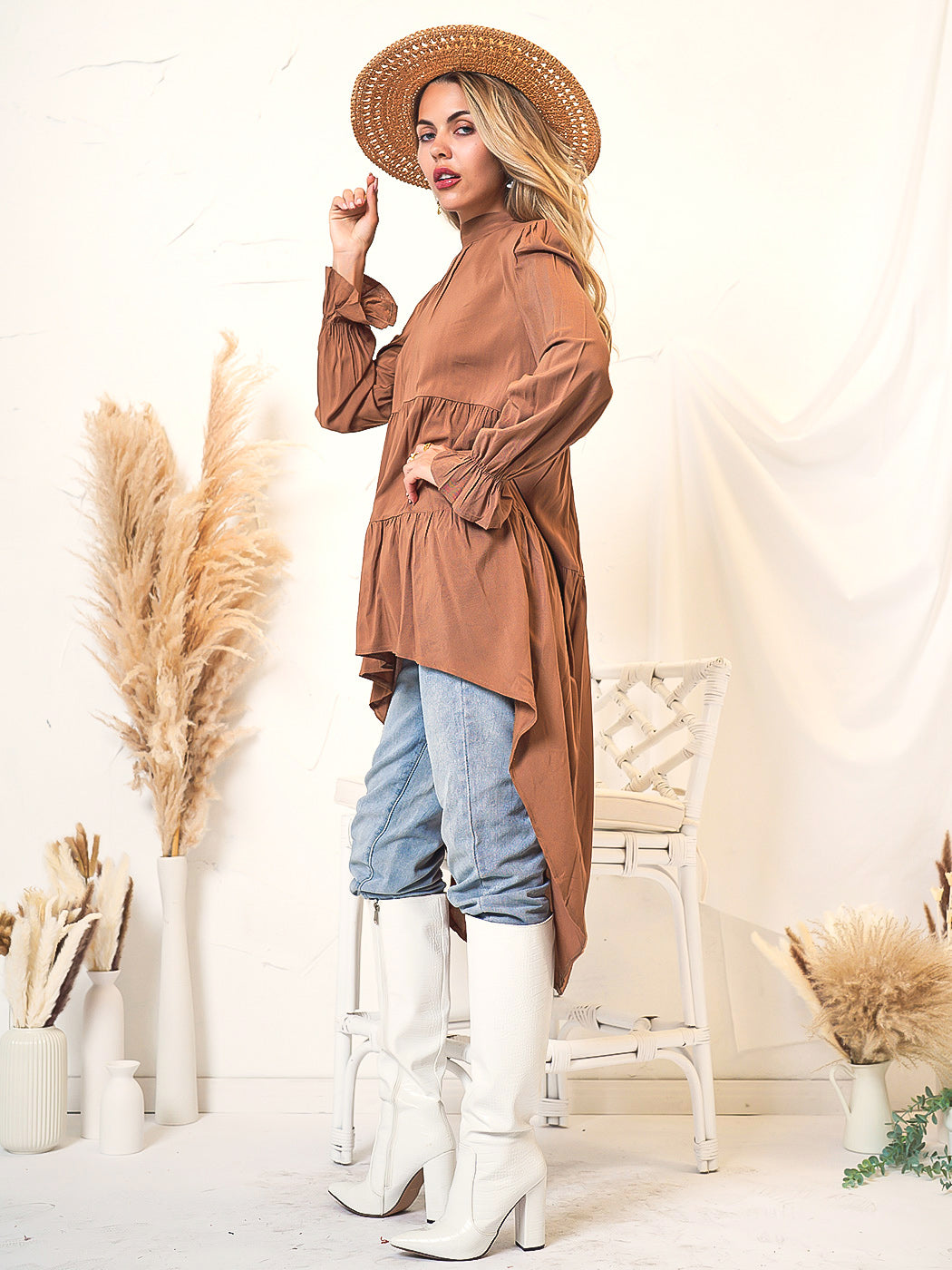 Ruffled High-Neck Jeans with Long Sleeves