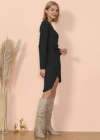 Wrap-Style V-Neck Dress with Long Sleeves