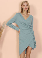 Wrap-Style V-Neck Dress with Long Sleeves