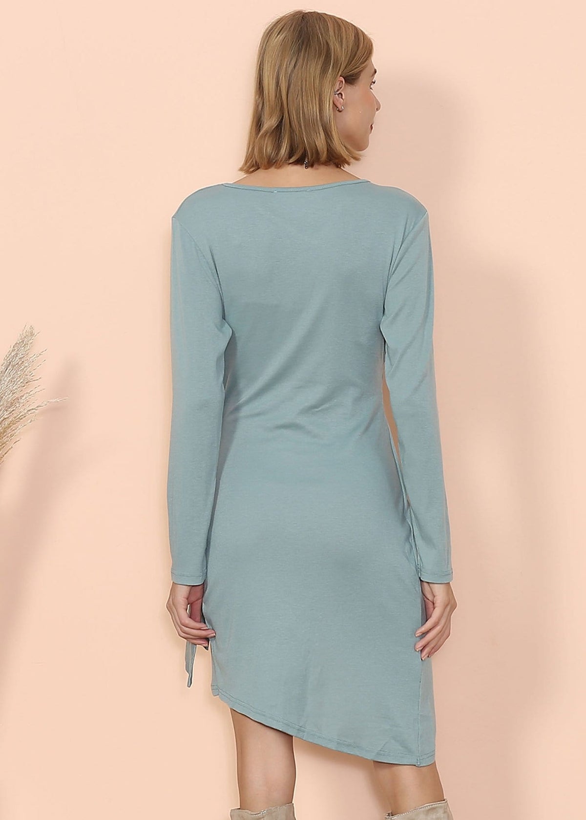 Wrap-Style V-Neck Dress with Long Sleeves