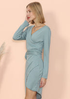 Wrap-Style V-Neck Dress with Long Sleeves