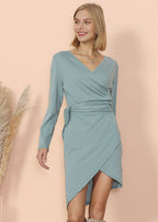 Wrap-Style V-Neck Dress with Long Sleeves