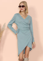 Wrap-Style V-Neck Dress with Long Sleeves