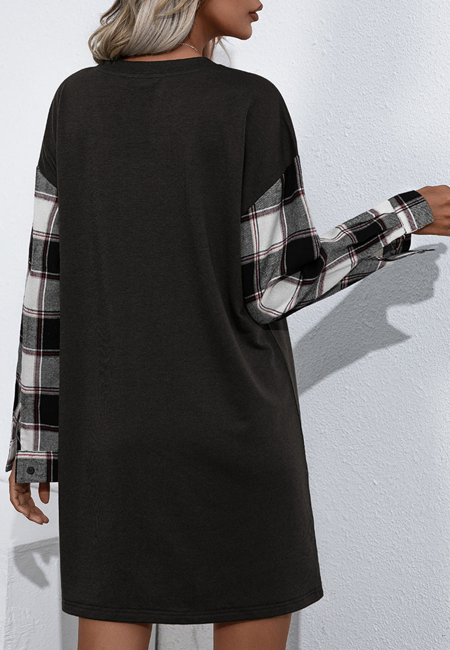 Plaid Crew-Neck Dress with Long Sleeves