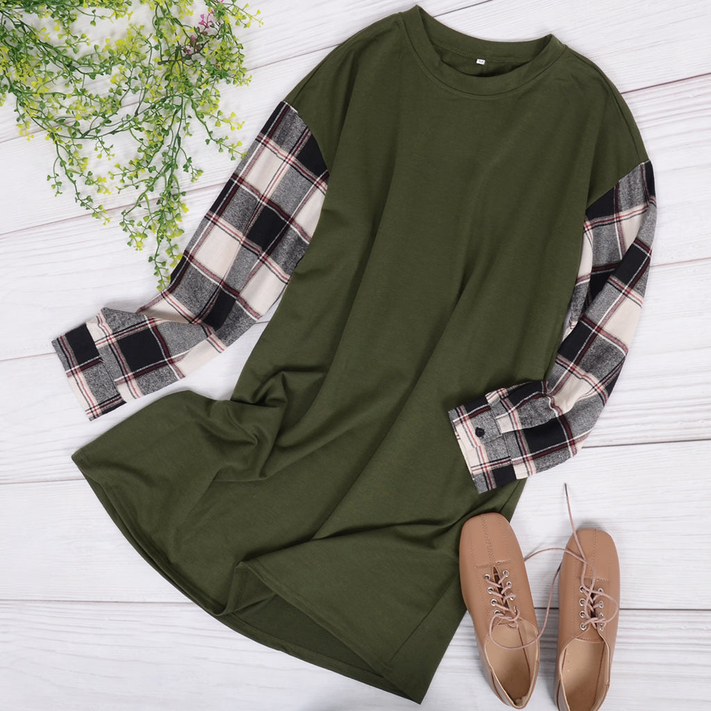 Plaid Crew-Neck Dress with Long Sleeves